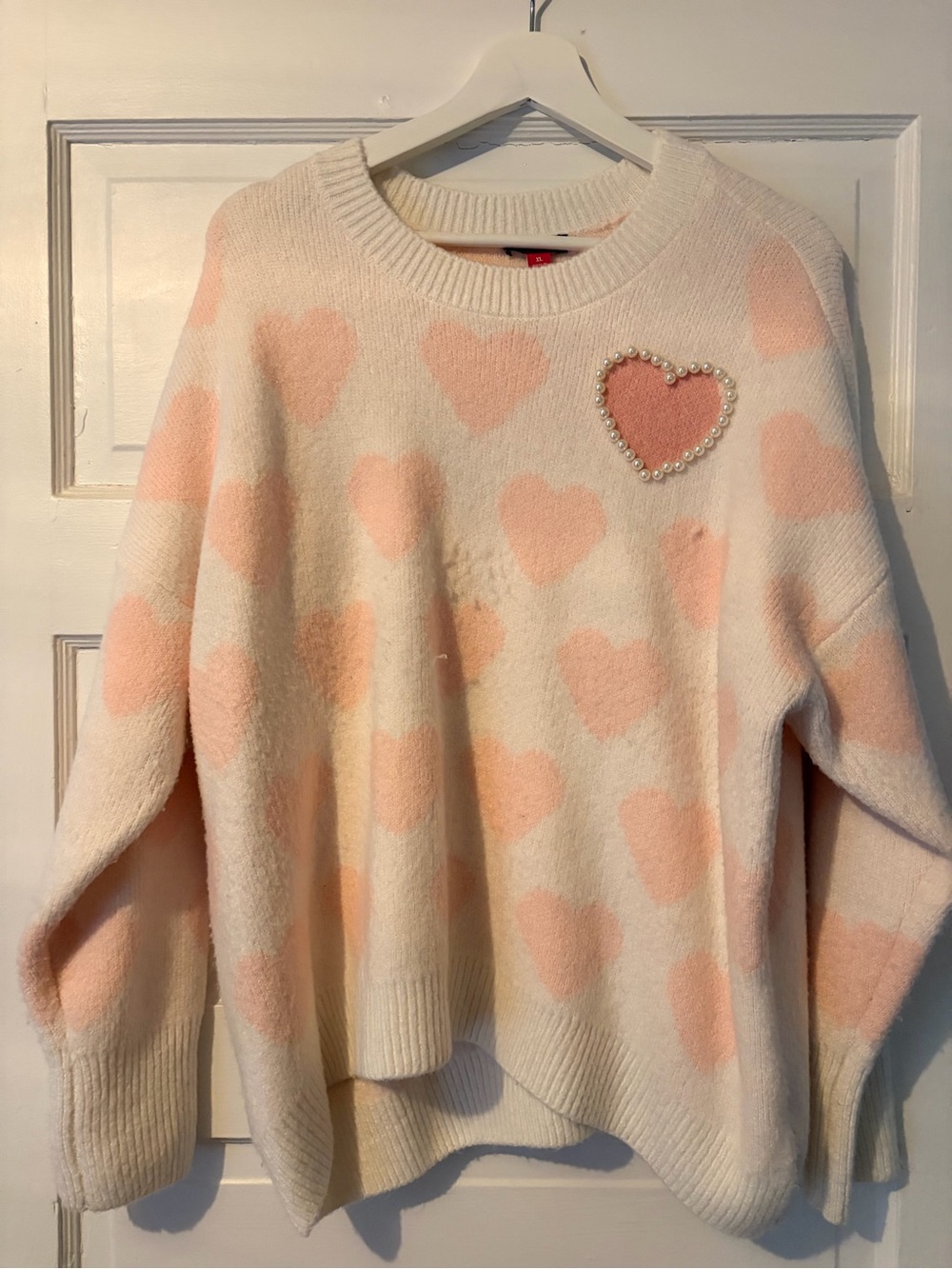 Vince Camuto Pink Heart Patch Crewneck Sweater - Pink & Cream